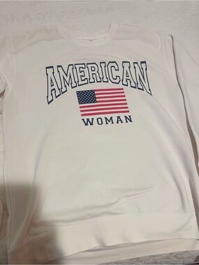 Living Fully Co by Mallory Ervin, Cream "AMERICAN WOMAN" Flag Sweatshirt